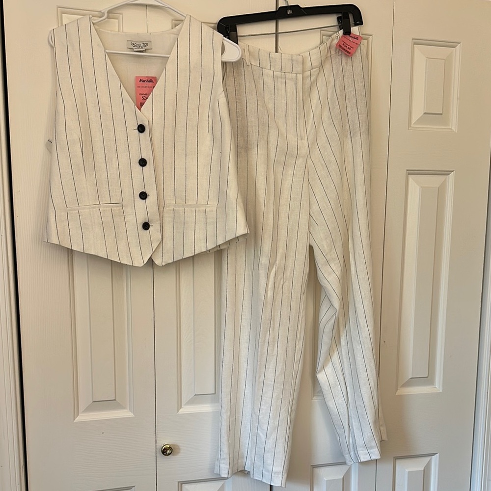 Striped White and Gray Women's Pants & Vest Set